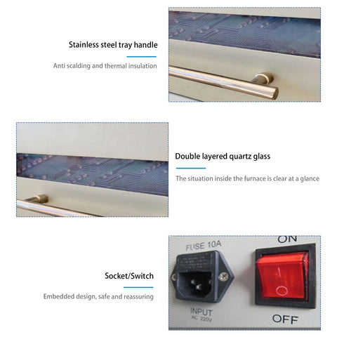 800W Infrared Reflow Oven Soldering Station With Hot Air Circulation, stainless steel handle, quartz glass, switch close-up
