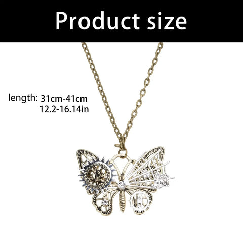 Chic Vintage Punk Butterfly Necklace With Mechanical Gears Alloy Jewelry For Daily Streetwear And Rock Concert Cosplay Look Adjustable Chain Lightweight Design size information with length of 31cm-41cm on display.