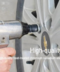Impact Socket Adapter And Reducer Set In One Quarter, Three Eighths, And One Half Inch Sizes, chrome vanadium steel in use on car wheel.