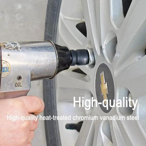 Impact Socket Adapter And Reducer Set In One Quarter, Three Eighths, And One Half Inch Sizes, chrome vanadium steel in use on car wheel.