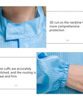 Close-up of Straight Up ESD Anti Static Lab Coat With Long Sleeve For Men And Women showing 3D collar and stitched cuffs in clean blue.