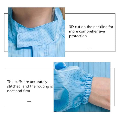 Close-up of Straight Up ESD Anti Static Lab Coat With Long Sleeve For Men And Women showing 3D collar and stitched cuffs in clean blue.