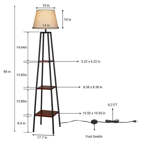 Farmhouse Style 65 Inch Floor Lamp With Three Tier Wood Shelves And Beige Linen Drum Shade Tall Standing Reading Light