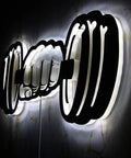 Dumbbell LED Wall Light Sign For Home Gym And Workout Room Decor Neon Style 3D Wall Lamp, acrylic and wood with glowing effect