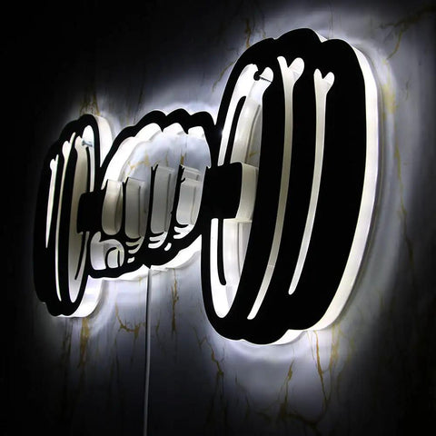 Dumbbell LED Wall Light Sign For Home Gym And Workout Room Decor Neon Style 3D Wall Lamp, acrylic and wood with glowing effect