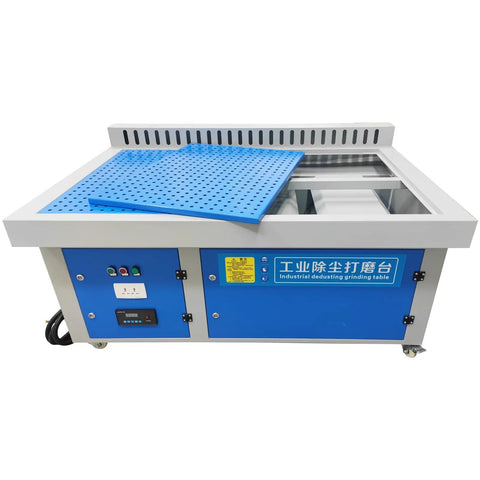 Metal Working Downdraft Dust Collector Vacuum With Side Suction Plate For Welding And Grinding 2 Dust Removal Drums Heavy Duty Workbench Dust Extraction System 3KW 220V Industrial Grade Cleanup For Metalworking Shop, blue steel grinding table