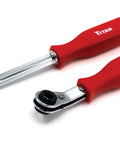 Two Piece Slack Adjusting Tool And Wrench Set with red handles, angled ratchet head, and fork end release for Meritor brake slack adjusters.