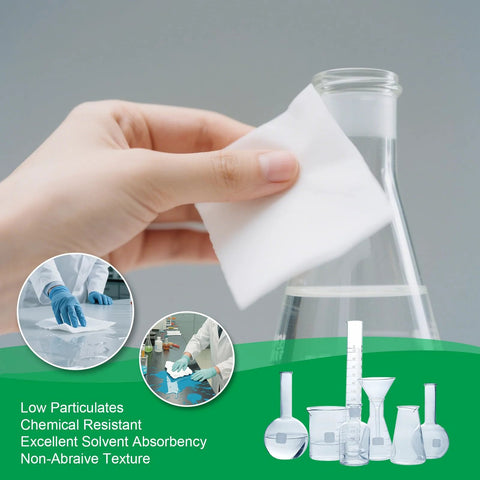 Front view of white 9x9 in cleanroom wipe; cellulose/polyester blend, 300-count, lint-free for labs