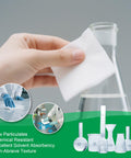 Hand using Lint Free Cleanroom Wipes 9x9 Inches Pack of 150 Cellulose Polyester Blend Grade B 56GSM on laboratory flask