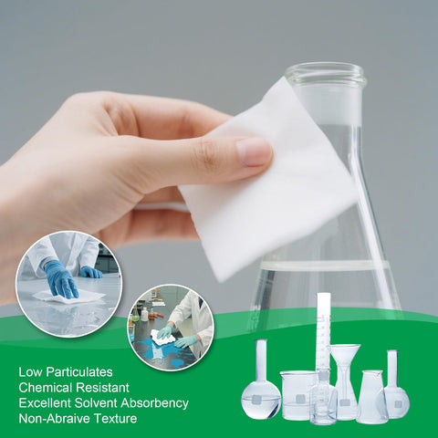 Hand using Lint Free Cleanroom Wipes 9x9 Inches Pack of 150 Cellulose Polyester Blend Grade B 56GSM on laboratory flask
