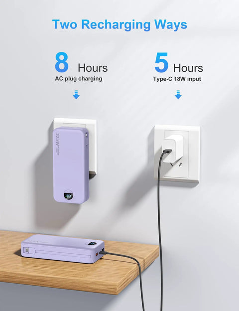 High Capacity 20000mAh Portable Charger With Built In Cables And Wall Plug USB C Fast Charging Power Bank plugged into wall socket