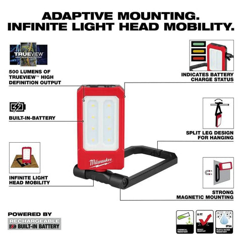 Low Profile Magnetic Task Light With Three Modes High 500 Lumens Medium 250 Lumens Low 100 Lumens Magnetic Mount For Metal And Nonmetal Surfaces Versatile Work Light For Job Sites And Workshops, showing various features like magnetic mount, battery status, and adjustable design.