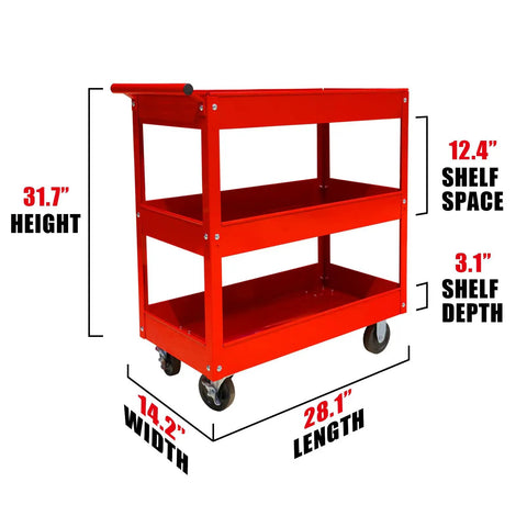 Heavy Duty 3 Tier Service Cart On Wheels With Locking Brakes, 400 Pound Capacity, Mobile Utility Cart, red, dimensions shown