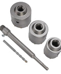 Concrete Hole Saw Kit With Tungsten Steel YG8C Alloy Triple Tooth Design, Ventilation Holes For Quick Drilling Through Hollow Bricks, Cement Walls And Concrete, Universal Hammer Drill Compatible. Set with 55, 65, 76 mm core bits and SDS shanks.