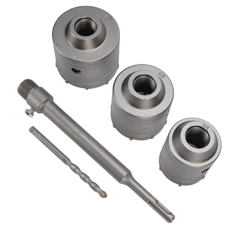 Concrete Hole Saw Kit With Tungsten Steel YG8C Alloy Triple Tooth Design, Ventilation Holes For Quick Drilling Through Hollow Bricks, Cement Walls And Concrete, Universal Hammer Drill Compatible. Set with 55, 65, 76 mm core bits and SDS shanks.