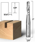 YONICO solid carbide single-flute upcut end mill, 3/16 in dia, 1/4 in shank, front view with wood block.