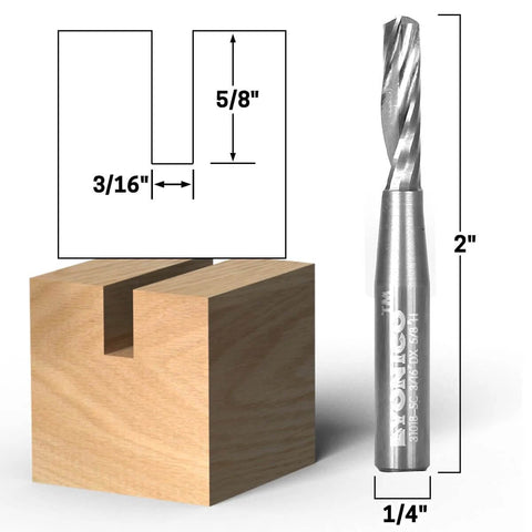 YONICO solid carbide single-flute upcut end mill, 3/16 in dia, 1/4 in shank, front view with wood block.