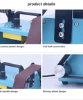 Badass 950W Bench Grinder And Belt Sander Combo showing speed control switch, bolt connection, portable handle, and driving wheel design.