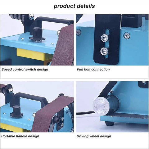 Badass 950W Bench Grinder And Belt Sander Combo showing speed control switch, bolt connection, portable handle, and driving wheel design.