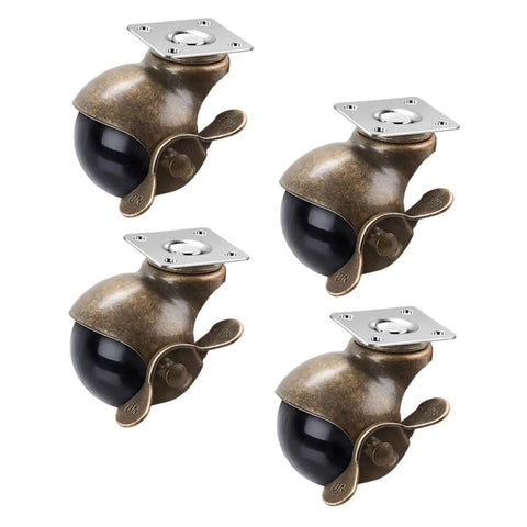 Vintage Brass Plate Swivel Caster Wheels Two Inch Diameter Heavy Duty Four Pack, black wheels with brass finish for furniture.