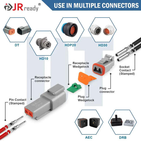 Open Barrel Contact Kit For DTP DT DTM Connectors, components and connectors shown with labels for each part.