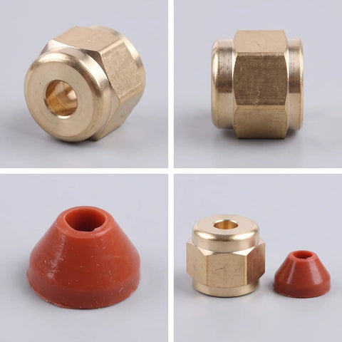 Heavy Duty Simhoa Stage Fog Machine Nozzle Replacement Fitting With Brass Hex Body Threaded Connector And Cap For Epic Nightclubs And Party Event Setups, showing brass nozzle and rubber cap.