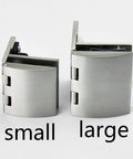 Premium Glass Hinge Set Four Piece Kitchen Bath Pivot Bracket Slick Chrome Finish, showing small and large chrome hinges.