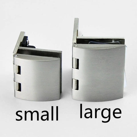Premium Glass Hinge Set Four Piece Kitchen Bath Pivot Bracket Slick Chrome Finish, showing small and large chrome hinges.