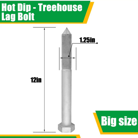 Heavy Duty Treehouse Lag Bolts Set 2 Pack Hot Dip Galvanized Hex Head Screws For Treehouse Brackets Decking And Wood Framing 1.25 By 12 Inch