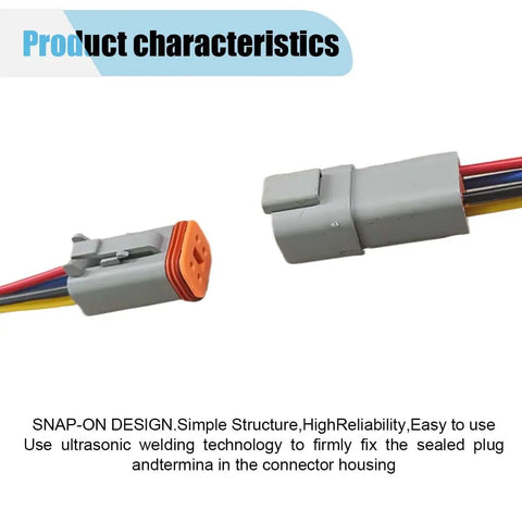 Close-up of 4 Pin Waterproof Automotive Electrical Connector Kit with 17AWG Wire, showing male and female plug connection.