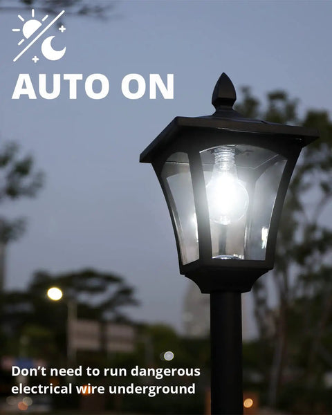 Solar Post Light With Planter 64 Inch Outdoor Garden Lamp auto-on feature illuminated at dusk, featuring vintage LED design.