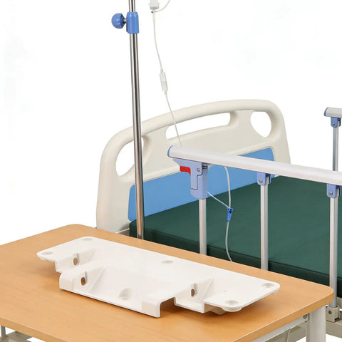Adjustable Bed Rail Brackets For Home Beds on a wooden table, showing drop-down safety rails and aluminum material.