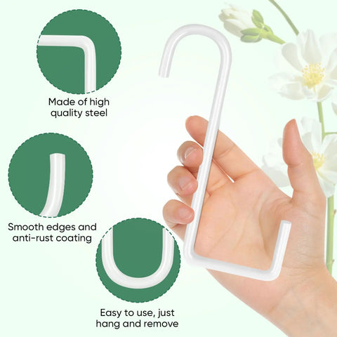 Six Pack 6 Inch Vinyl Fence Hooks White Powder Coated Steel Hangers for indoor outdoor use, hand holding a hook