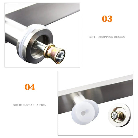 Close-up of brushed stainless steel gate hardware square tube door handle's anti-dropping design and solid installation detail.