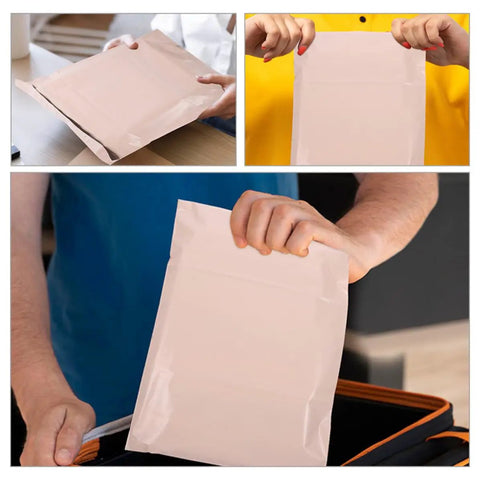 Khaki Poly Mailer Bags 100 Pack For Clothes And Cosmetics Easy Seal Tough Durable Poly Mailing Envelopes Lightweight And Portable Shipping Bags For Small Business Packaging displayed in various hands