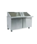 Commercial 60 Inch 15 Cu Ft Mega Top Prep Table Refrigerator Stainless Steel on wheels with double doors and LED panel.