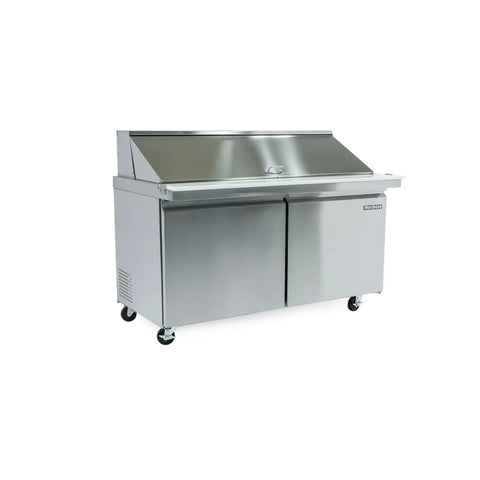 Commercial 60 Inch 15 Cu Ft Mega Top Prep Table Refrigerator Stainless Steel on wheels with double doors and LED panel.