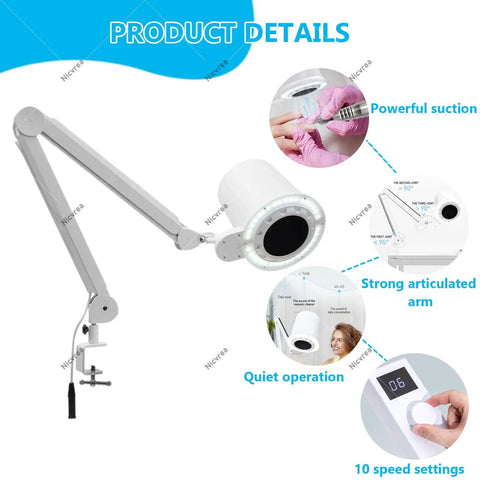 80W Pro Grade Nail Dust Collector With Adjustable Suction And Built In Lighting, Low Noise Vacuum For Salon Use image with features