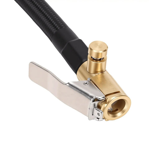 Badass Flexible Tire Inflator Extension Tube 16 Cm With M6 Quick Connect Clip On Air Chuck Hose For Cars Motorcycles Bikes Easy Release Valve To Reach Recessed Stems Zero Fuss Hassle Free Maintenance Ride Check Solid Sweet Deal, black hose and brass clip-on chuck