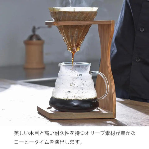 Olive Wood Pour Over Stand Set For One To Four Cups With Borosilicate Glass And Wood Brewer Kit With Measuring Spoon And One Hundred Paper Filters Made In Japan V60 Style Coffee Brewer Kit For Home Use