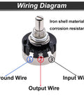 Wiring diagram of RV24YN20S B502 5K Ohm Single Turn Rotary Potentiometer showing ground, output, and input wires.