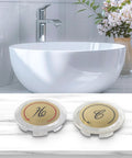 Upgrade Your Bathroom With These Stylish UrbanHui Acrylic Chrome Faucet Handle Cap Index Buttons. This 8 Piece Kit Includes Clear Hot Cold Indicators And Double Handle Sink Shower Knob Markers For Kitchen And Bathrooms, Featuring Precise 34 Inch Fit. white sink with chrome faucet and acrylic hot cold button caps