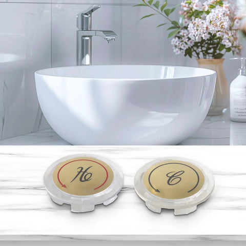 Upgrade Your Bathroom With These Stylish UrbanHui Acrylic Chrome Faucet Handle Cap Index Buttons. This 8 Piece Kit Includes Clear Hot Cold Indicators And Double Handle Sink Shower Knob Markers For Kitchen And Bathrooms, Featuring Precise 34 Inch Fit. white sink with chrome faucet and acrylic hot cold button caps