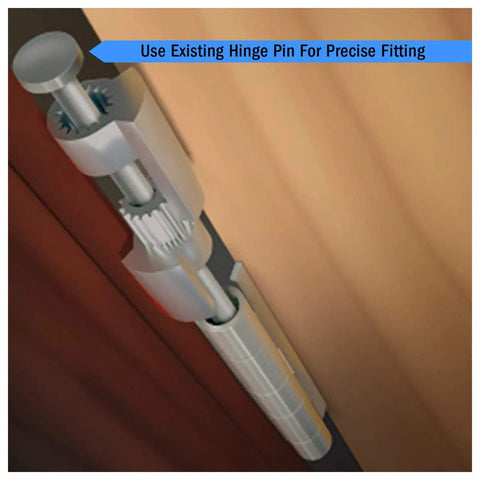 Door Saver Hinge Pin Stop For Residential Doors Fits 3 To 4.5 Inch Hinges Satin Nickel Finish No Tools Required Easy Instant Install Hinge Mounted Carbon Steel showing precise fitting.