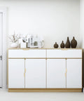 White cabinet with 10 Pack Brushed Gold Edge Finger Cabinet Pulls 3.15 Inch Aluminum Drawer Handles showcasing modern design.