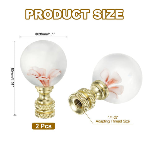 Pink Glass Flower Ball Lamp Finial Cap 1/4-27 Thread, 2 Pack, metal and glass, 50x28mm, decorative knobs for lamp harp tops.
