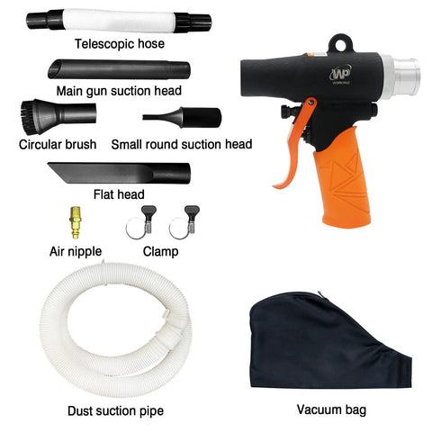 Dual Function Air Vacuum And Blow Gun For Dust Cleanup with pro-grade nozzle attachments, hose, and vacuum bag