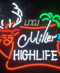 Lit Real Neon Bar Sign With Warm Glass Neon Light Handcrafted showing "Miller High Life" with a stag and palm tree design.