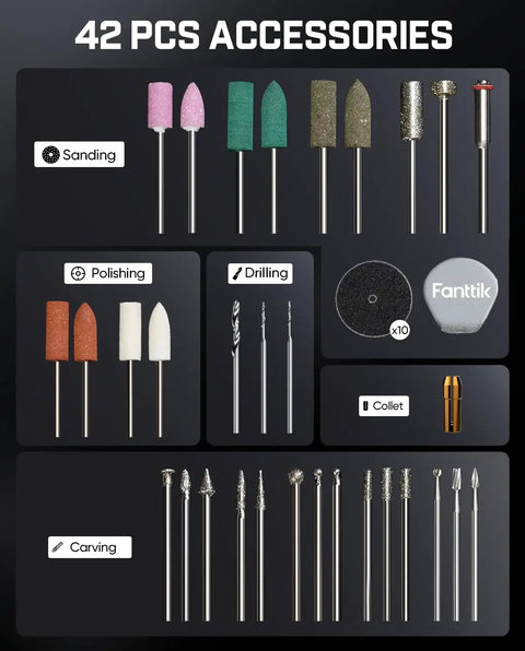 42 Piece Rotary Tool Accessories Kit Compatible With F2 Master Featuring 3/32 Collet Burs Grinding Wheels And Polishing Tips arranged in sections for sanding, polishing, drilling, and carving.