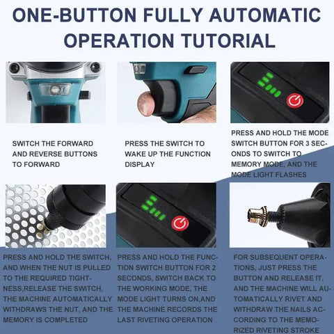 Operation tutorial showing Built Tough Cordless Electric Rivet Gun, Brushless Automatic Pull Screw Nut Tool controls and functions.